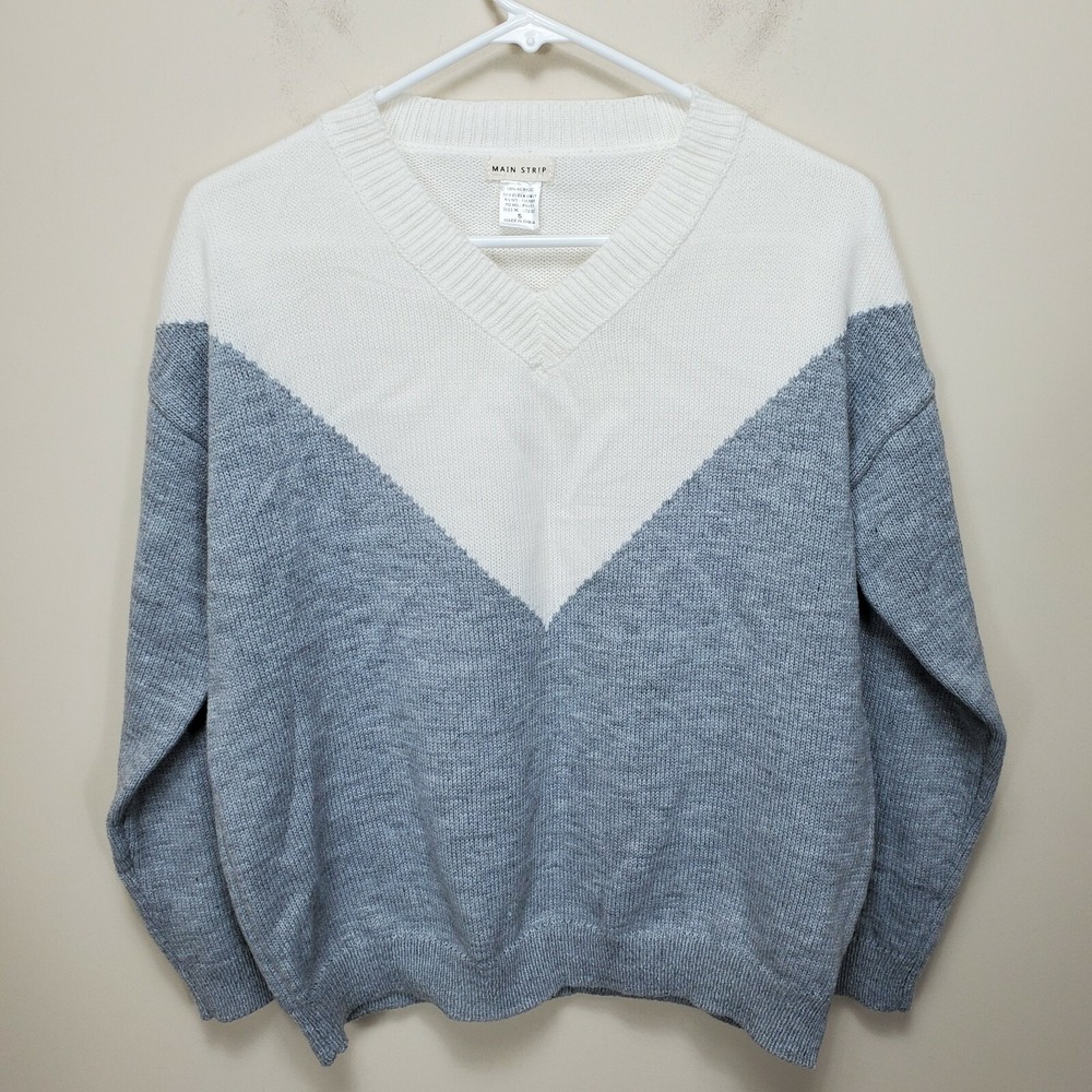 MAIN STRIP Knit V Neck Sweater Size Small White Gray Long Sleeve Colorblock